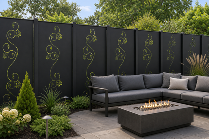 Design 172 Fine Curl Vine Laser Cut Metal Privacy Screen Panel installed garden daylight view