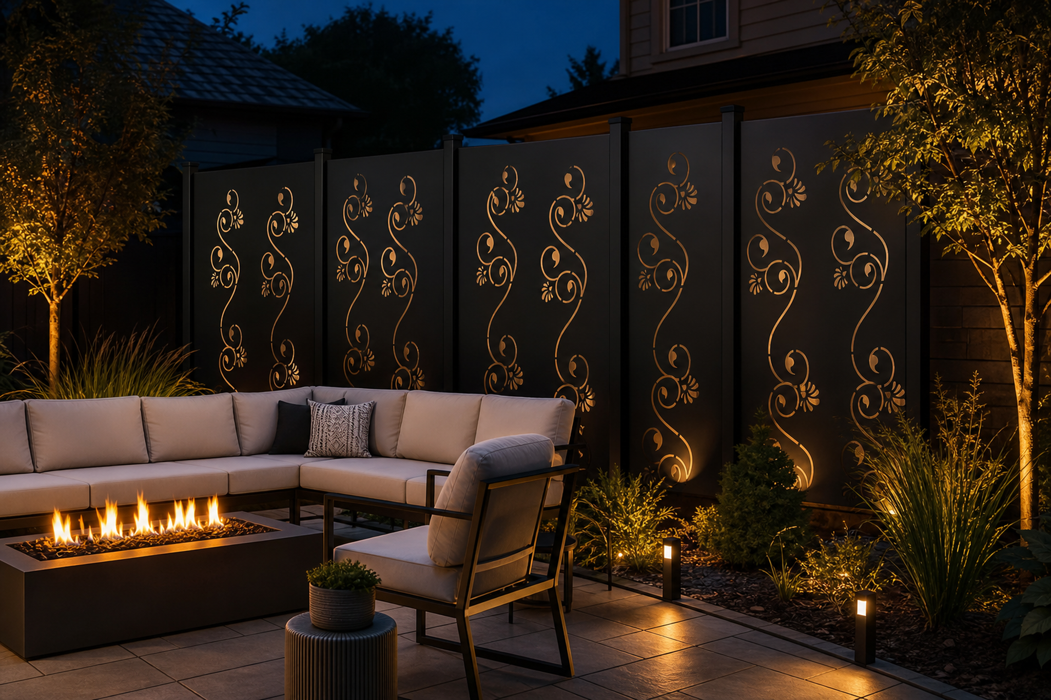 Design 172 Fine Curl Vine Laser Cut Metal Privacy Screen Panel installed garden night lighting view