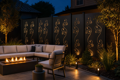 Design 172 Fine Curl Vine Laser Cut Metal Privacy Screen Panel installed garden night lighting view