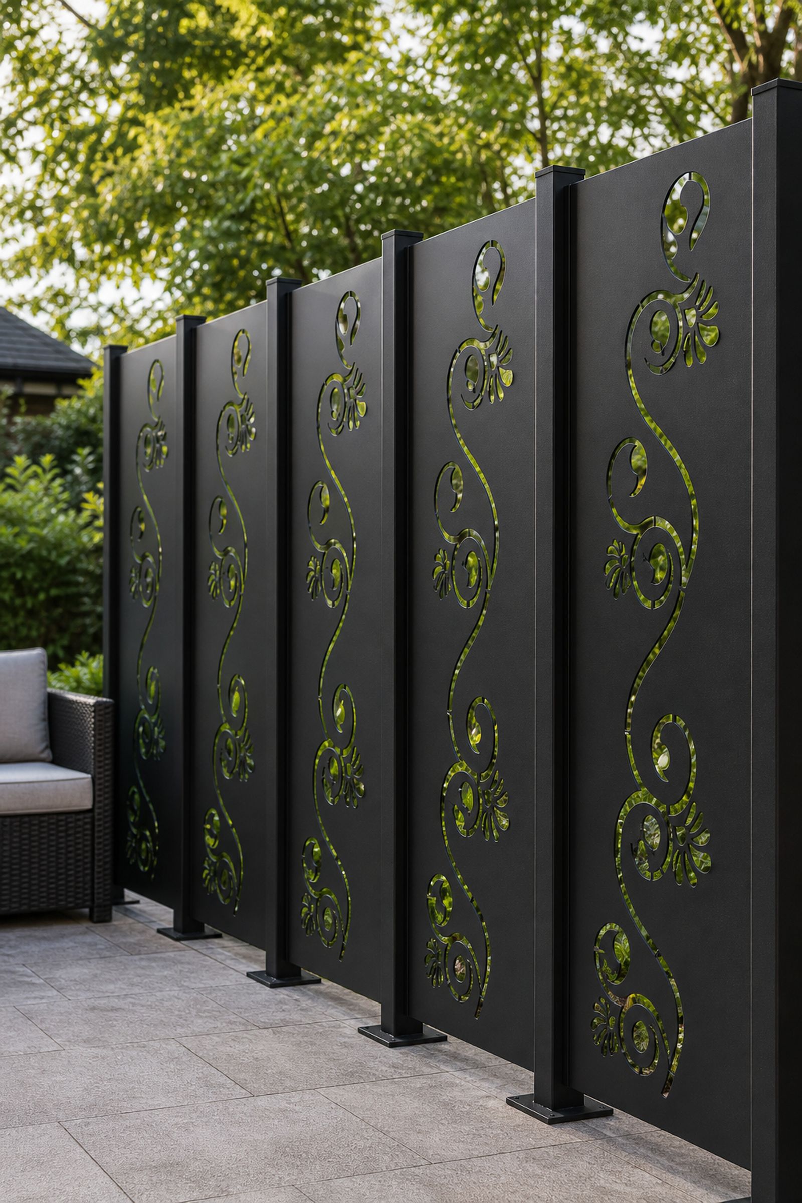 Design 172 Fine Curl Vine Laser Cut Metal Privacy Screen Panel oblique angle view