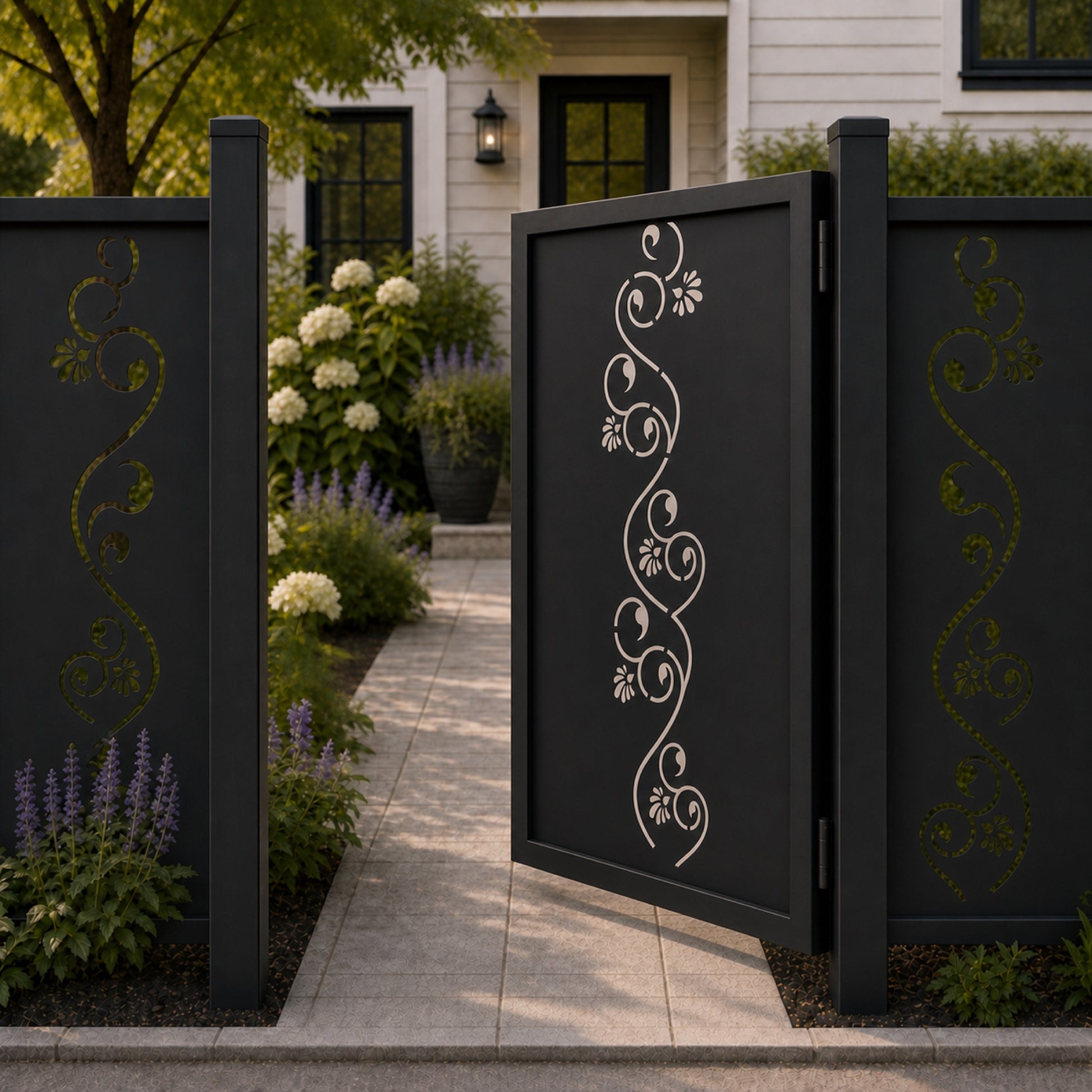 Design 172 fine vine scroll petal black aluminium side gate open view