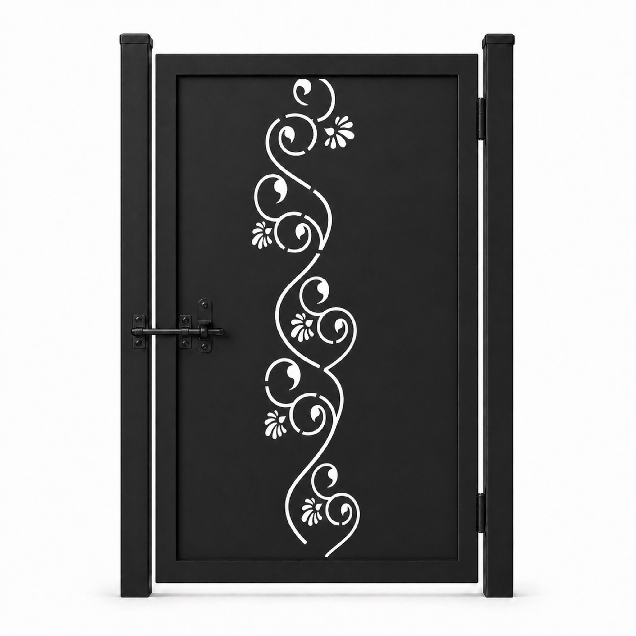 Design 172 fine vine scroll petal black laser cut metal pedestrian gate closed view