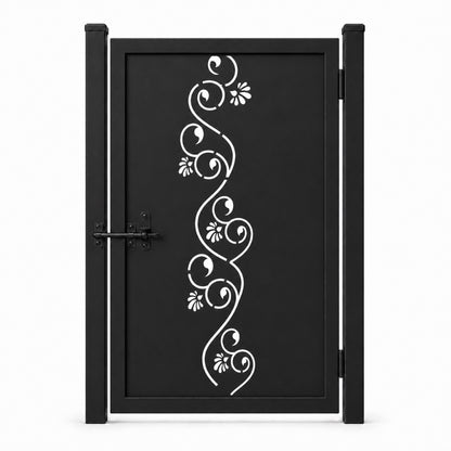 Design 172 fine vine scroll petal black laser cut metal pedestrian gate closed view