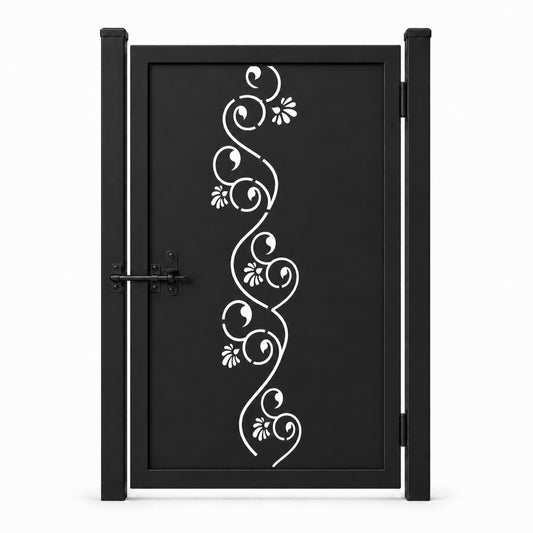 Design 172 fine vine scroll petal black laser cut metal pedestrian gate closed view