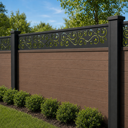 Paisley Seed Pattern laser cut fence extension panel installed on composite fence, angle view, Design 172