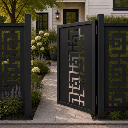 Design 173 geometric greek key frame black aluminium side gate open view