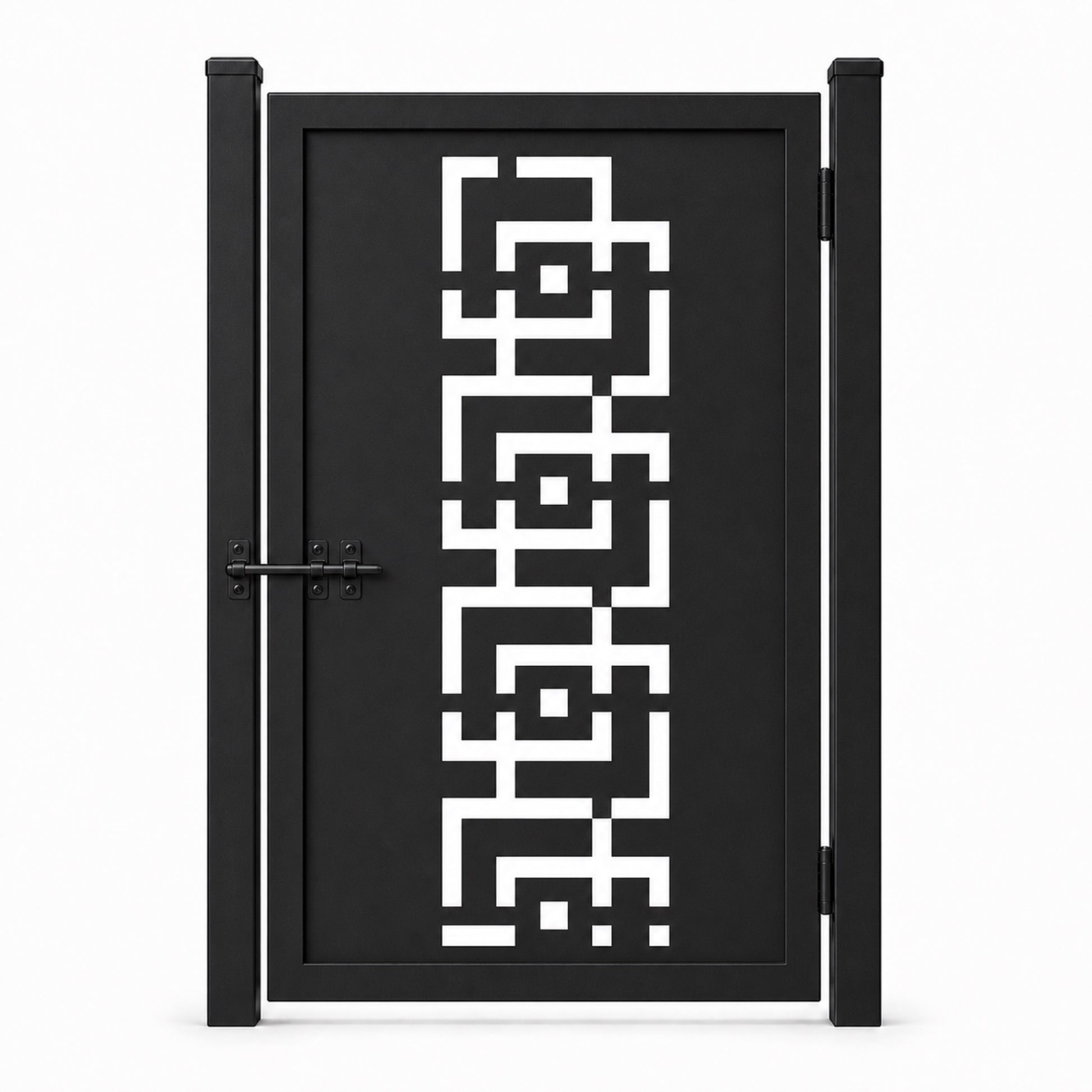 Design 173 geometric greek key frame black laser cut metal pedestrian gate closed view