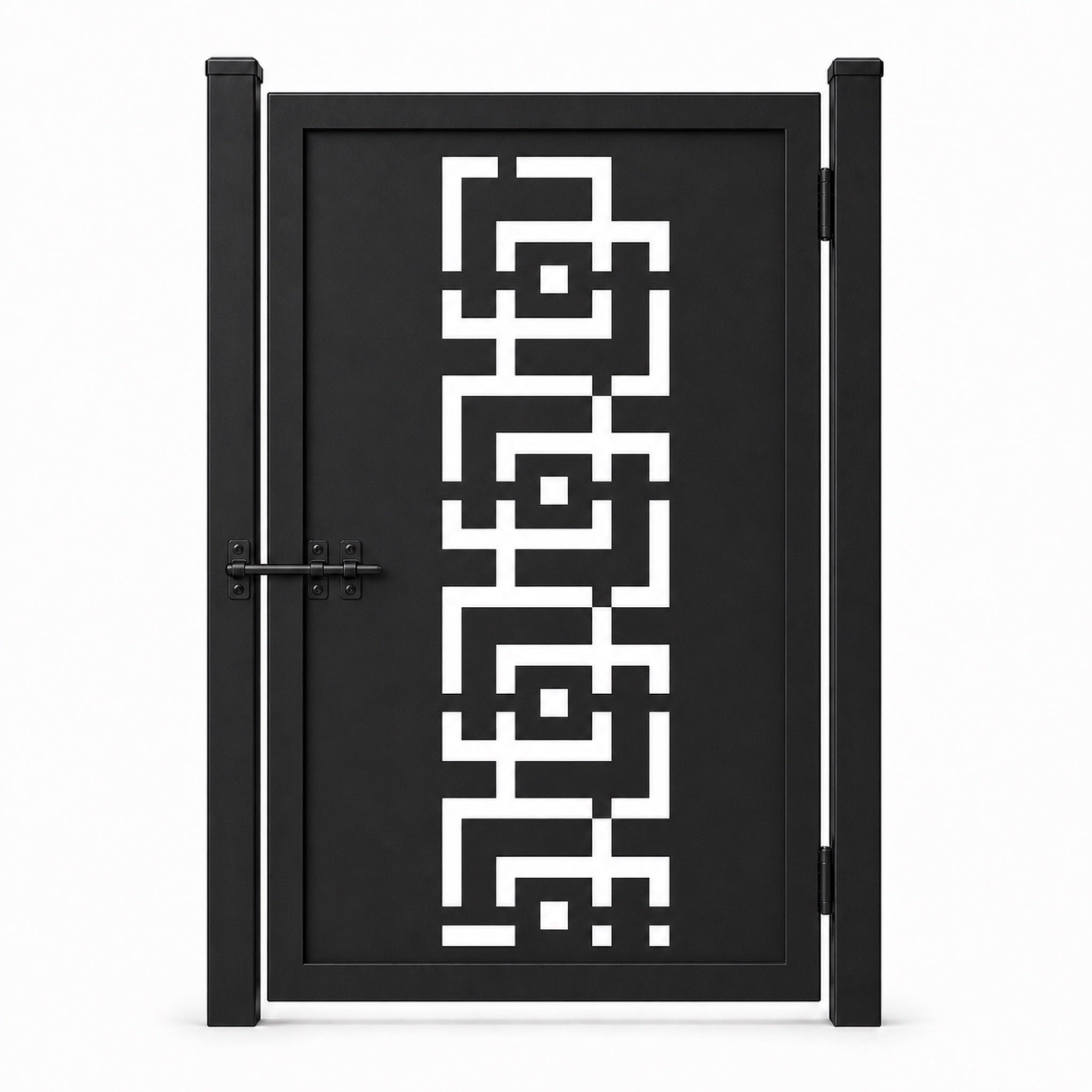 Design 173 geometric greek key frame black laser cut metal pedestrian gate closed view