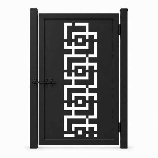 Design 173 geometric greek key frame black laser cut metal pedestrian gate closed view
