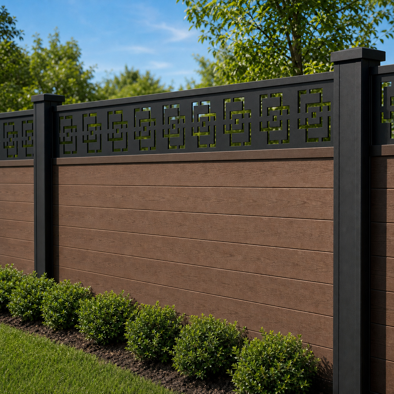 Greek Key Chain laser cut fence extension panel installed on composite fence, angle view, Design 173