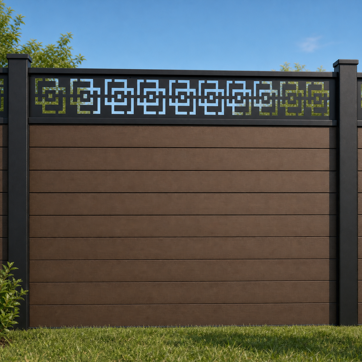 Greek Key Chain metal fence topper installed above WPC composite privacy fence, front view, Design 173