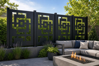 Design 173 Square Maze Stack Laser Cut Metal Privacy Screen Panel installed garden daylight view