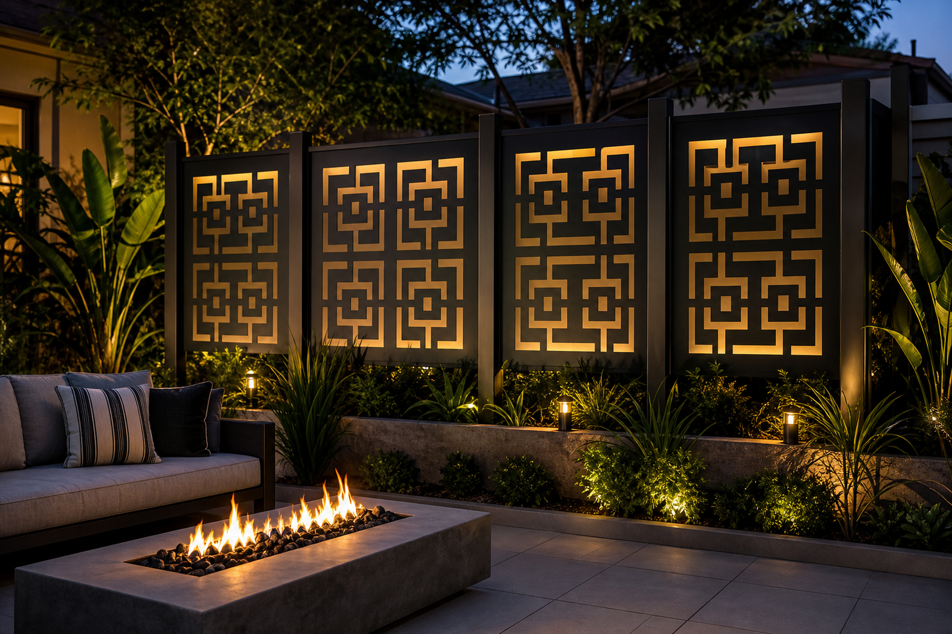 Design 173 Square Maze Stack Laser Cut Metal Privacy Screen Panel installed garden night lighting view