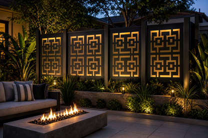 Design 173 Square Maze Stack Laser Cut Metal Privacy Screen Panel installed garden night lighting view