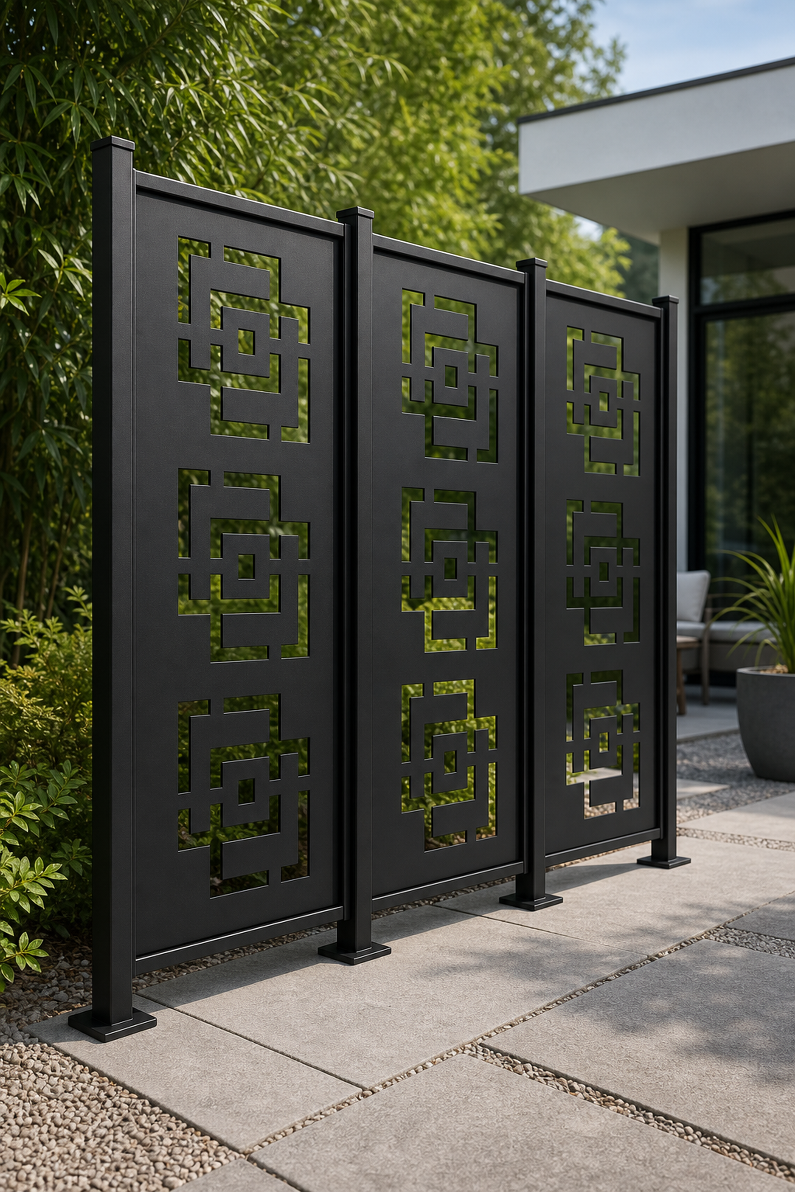 Design 173 Square Maze Stack Laser Cut Metal Privacy Screen Panel oblique angle view