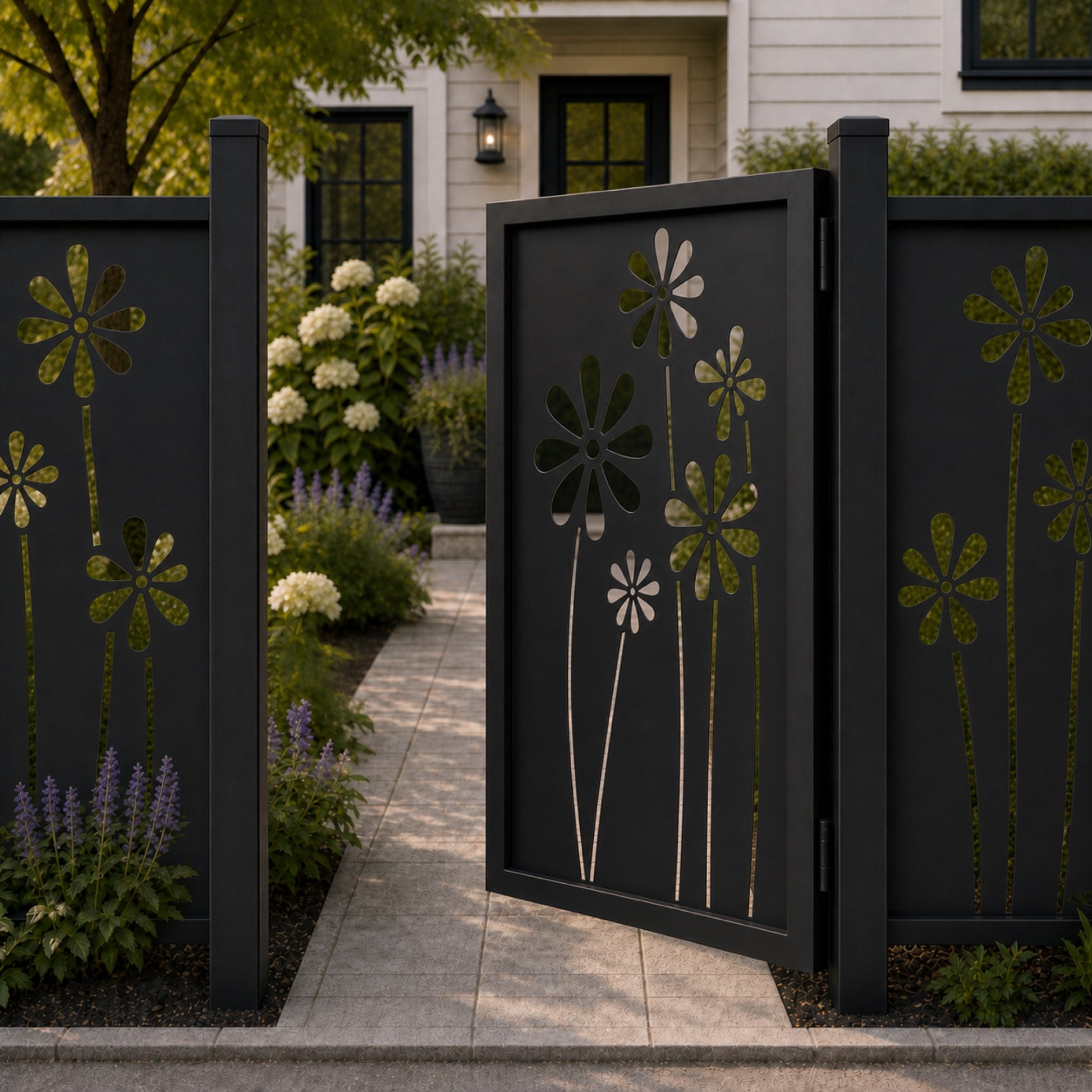 Design 174 long stem daisy black aluminium side gate open view