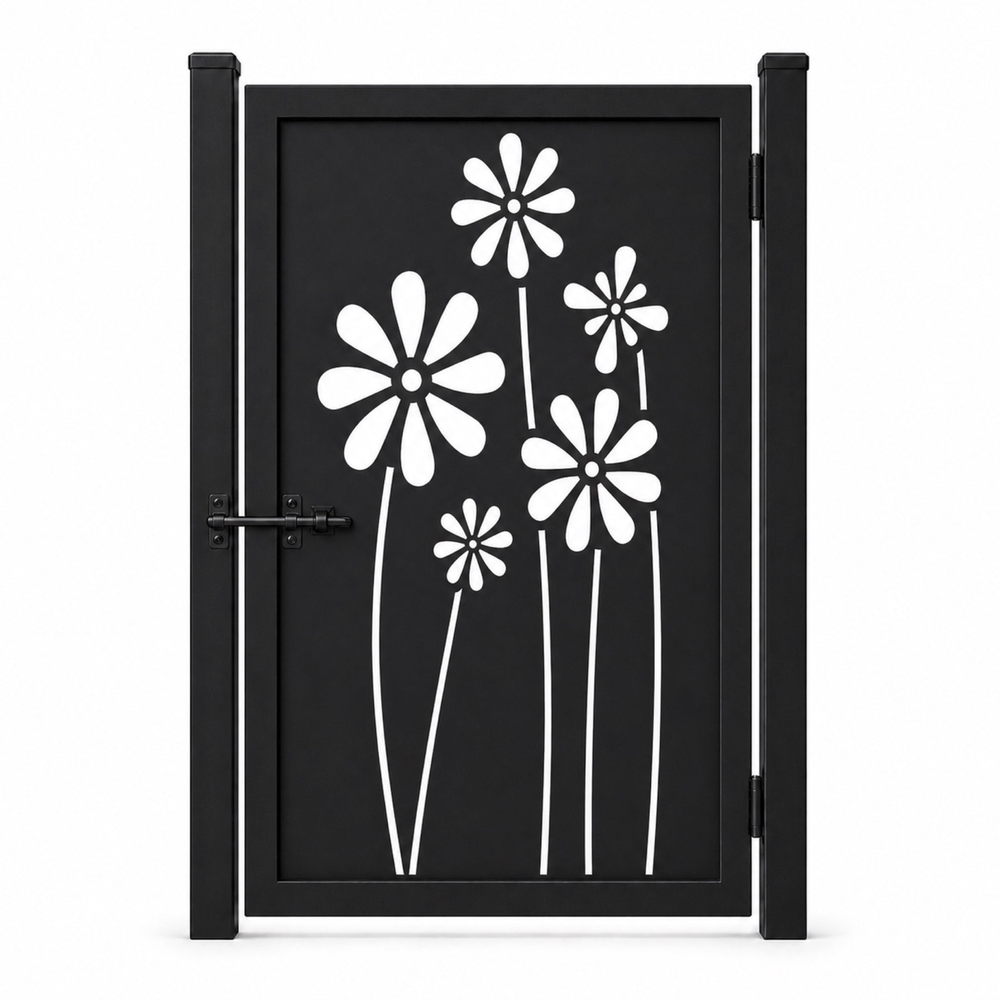 Design 174 long stem daisy black laser cut metal pedestrian gate closed view