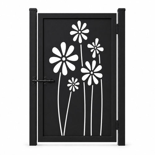 Design 174 long stem daisy black laser cut metal pedestrian gate closed view