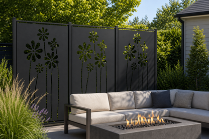 Design 174 Tall Daisy Stems Laser Cut Metal Privacy Screen Panel installed garden daylight view