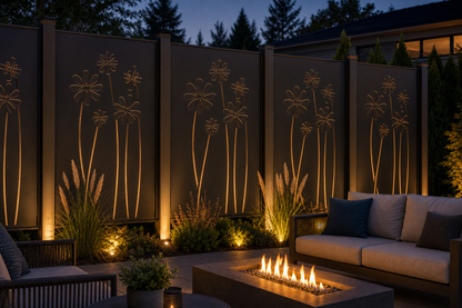 Design 174 Tall Daisy Stems Laser Cut Metal Privacy Screen Panel installed garden night lighting view