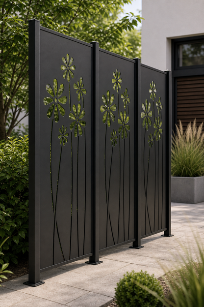 Design 174 Tall Daisy Stems Laser Cut Metal Privacy Screen Panel oblique angle view