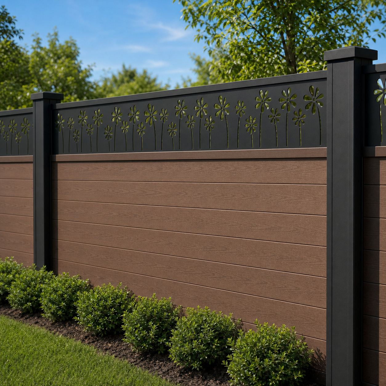 Tall Wildflower Meadow laser cut fence extension panel installed on composite fence, angle view, Design 174