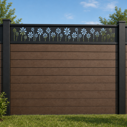 Tall Wildflower Meadow metal fence topper installed above WPC composite privacy fence, front view, Design 174