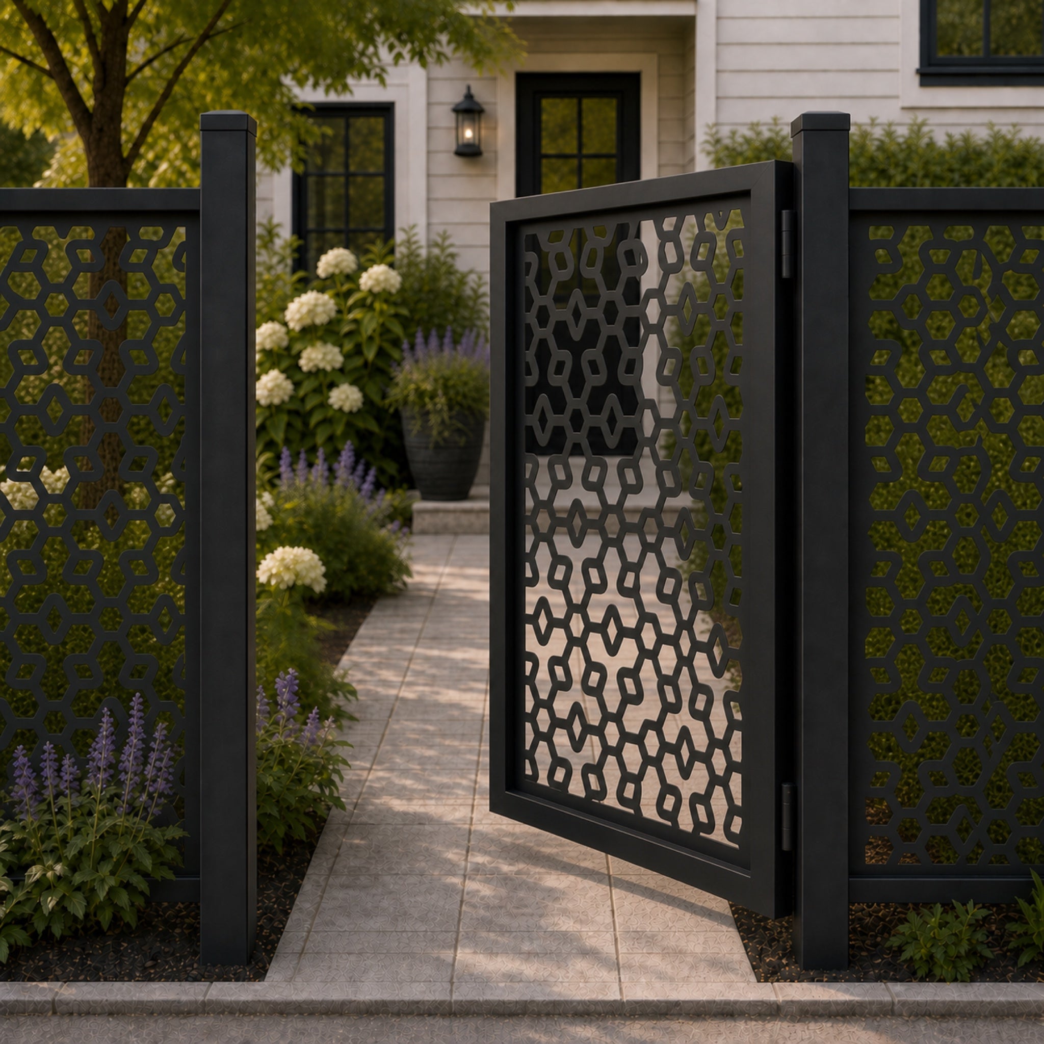 Design 175 honeycomb diamond geometric black aluminium side gate open view