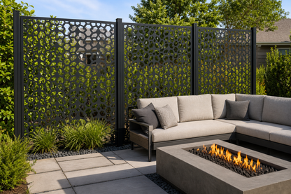 Design 175 Pebble Mosaic Laser Cut Metal Privacy Screen Panel installed garden daylight view