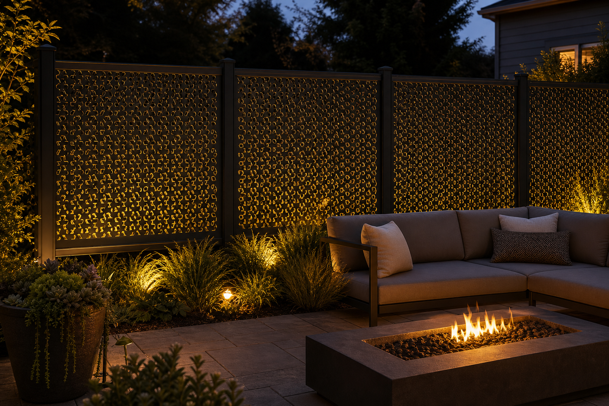 Design 175 Pebble Mosaic Laser Cut Metal Privacy Screen Panel installed garden night lighting view