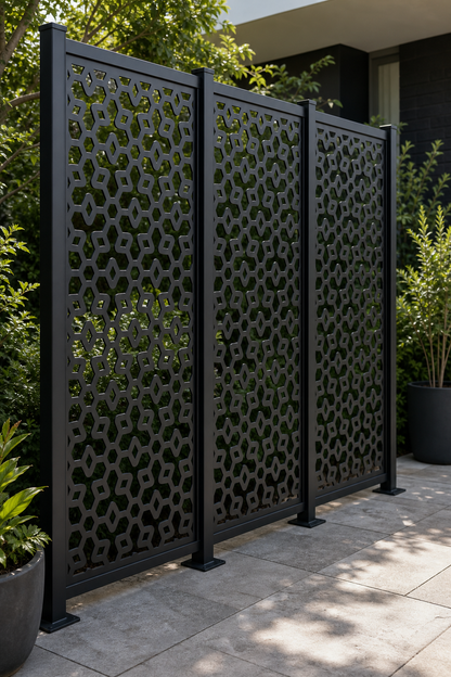 Design 175 Pebble Mosaic Laser Cut Metal Privacy Screen Panel oblique angle view