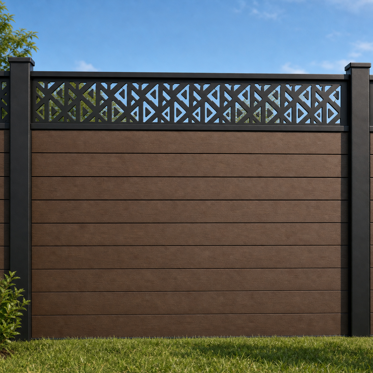 Angular Prism Geometric metal fence topper installed above WPC composite privacy fence, front view, Design 176