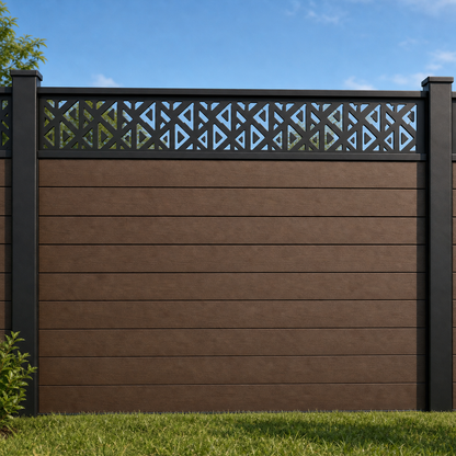 Angular Prism Geometric metal fence topper installed above WPC composite privacy fence, front view, Design 176