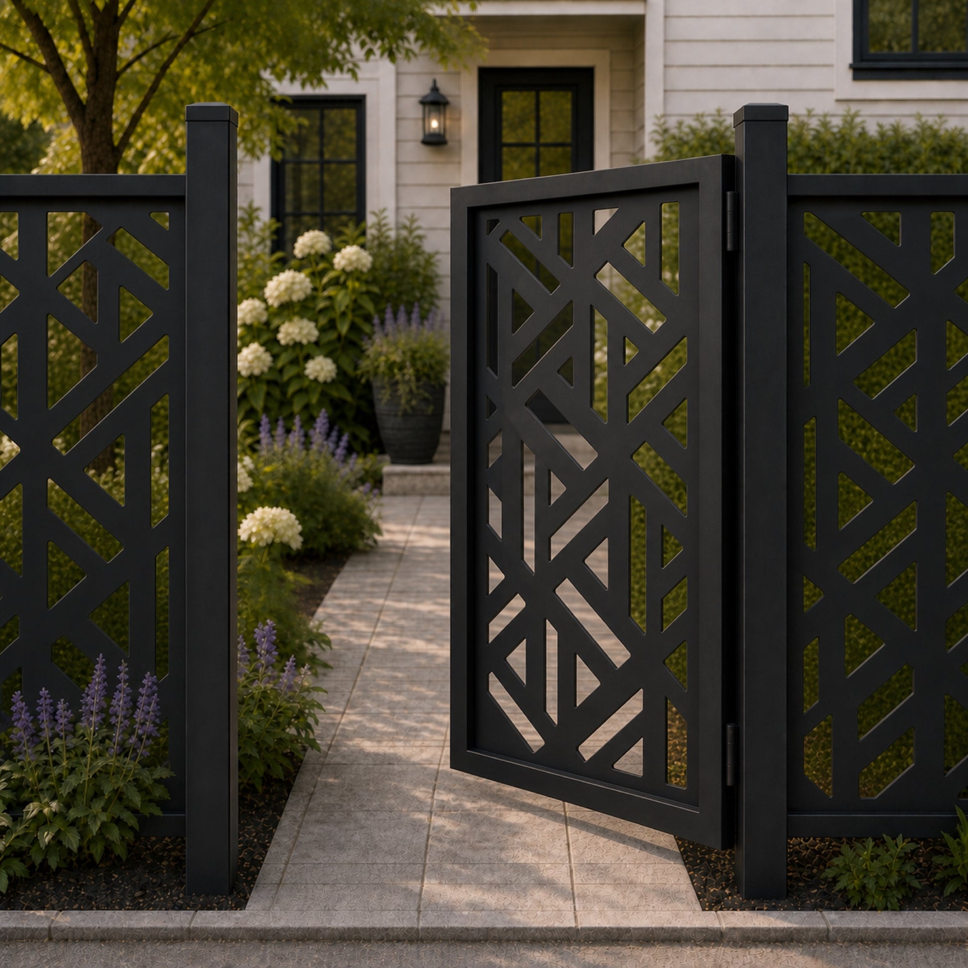 Design 176 diagonal triangle geometric black aluminium side gate open view