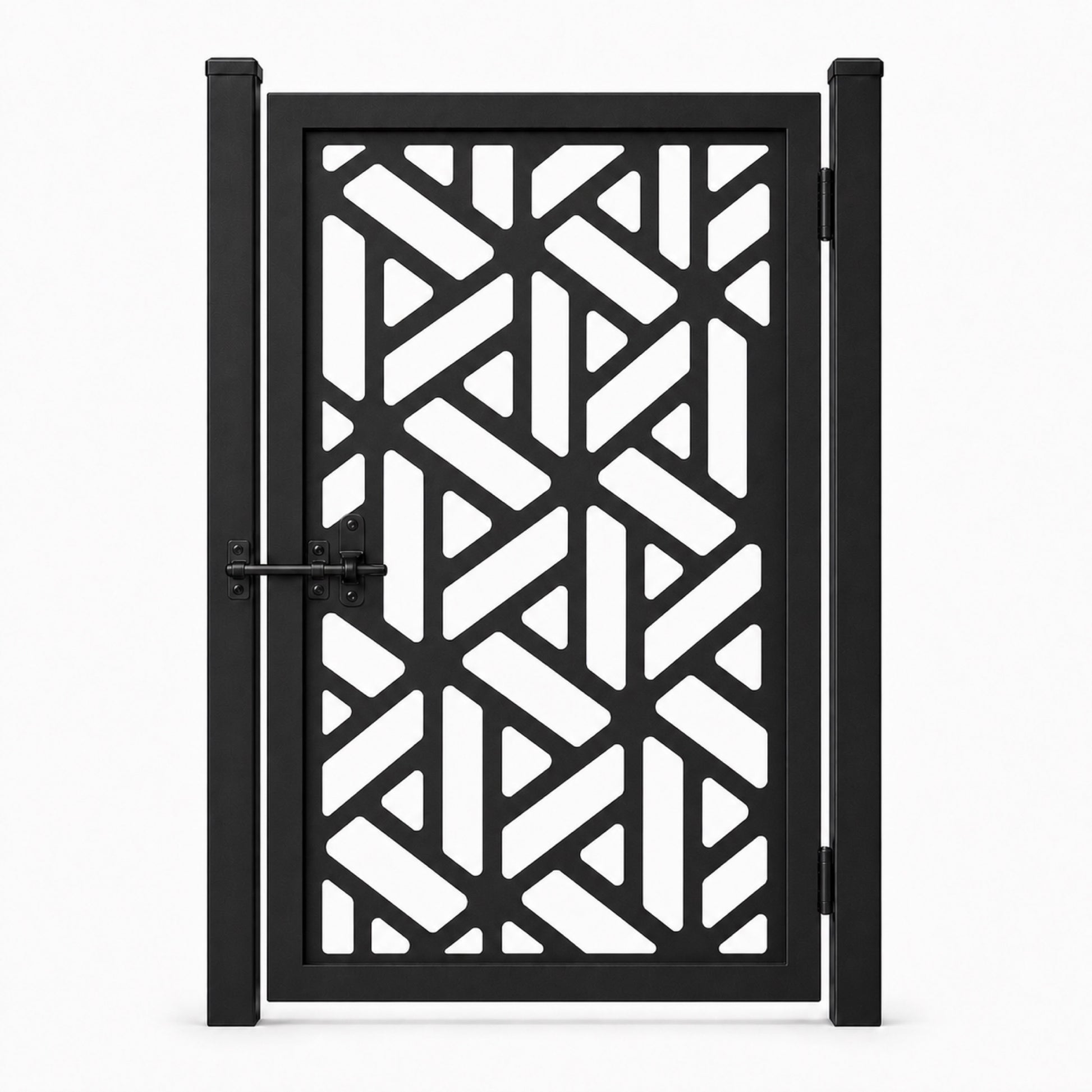 Design 176 diagonal triangle geometric black laser cut metal pedestrian gate closed view