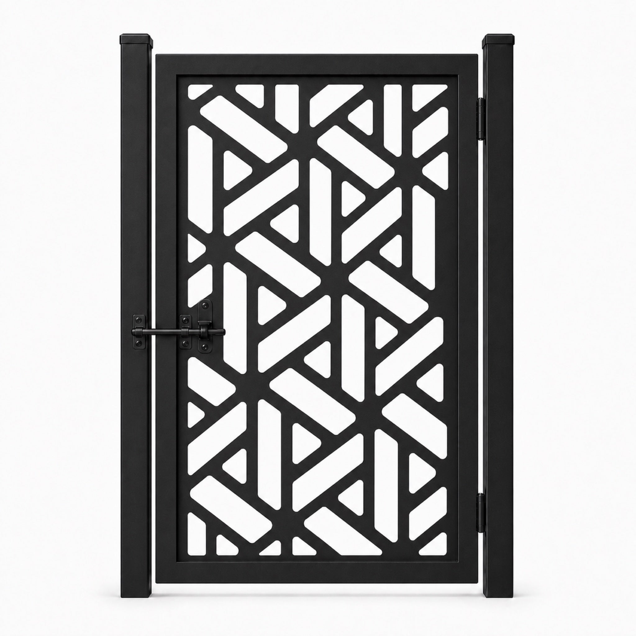 Design 176 diagonal triangle geometric black laser cut metal pedestrian gate closed view