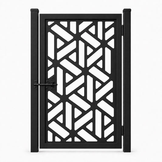 Design 176 diagonal triangle geometric black laser cut metal pedestrian gate closed view