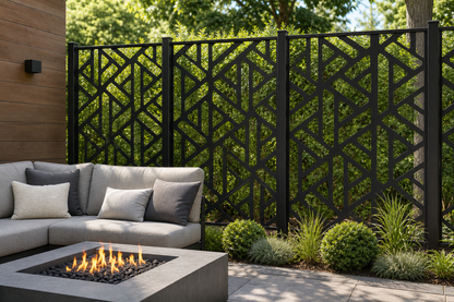 Design 176 Geometric Tower Laser Cut Metal Privacy Screen Panel installed garden daylight view