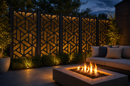 Design 176 Geometric Tower Laser Cut Metal Privacy Screen Panel installed garden night lighting view