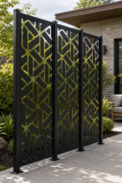 Design 176 Geometric Tower Laser Cut Metal Privacy Screen Panel oblique angle view
