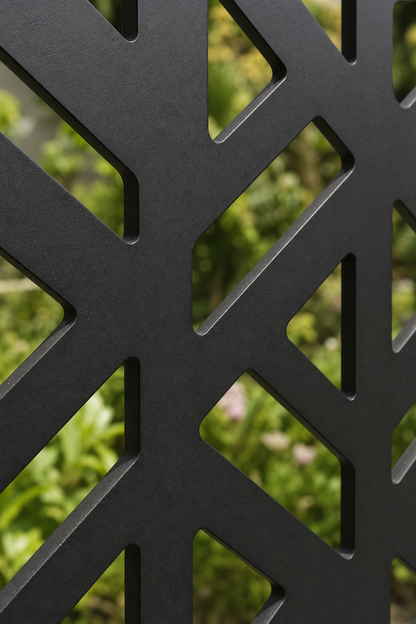Design 176 Geometric Tower Laser Cut Metal Privacy Screen Panel close-up detail view