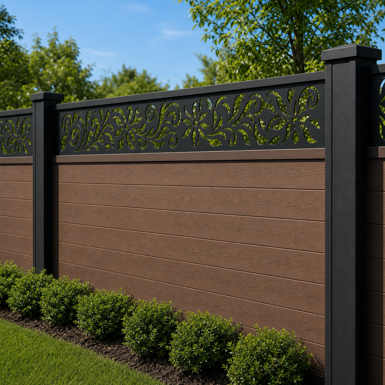 Acanthus Scroll Lace laser cut fence extension panel installed on composite fence, angle view, Design 177