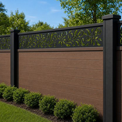 Acanthus Scroll Lace laser cut fence extension panel installed on composite fence, angle view, Design 177