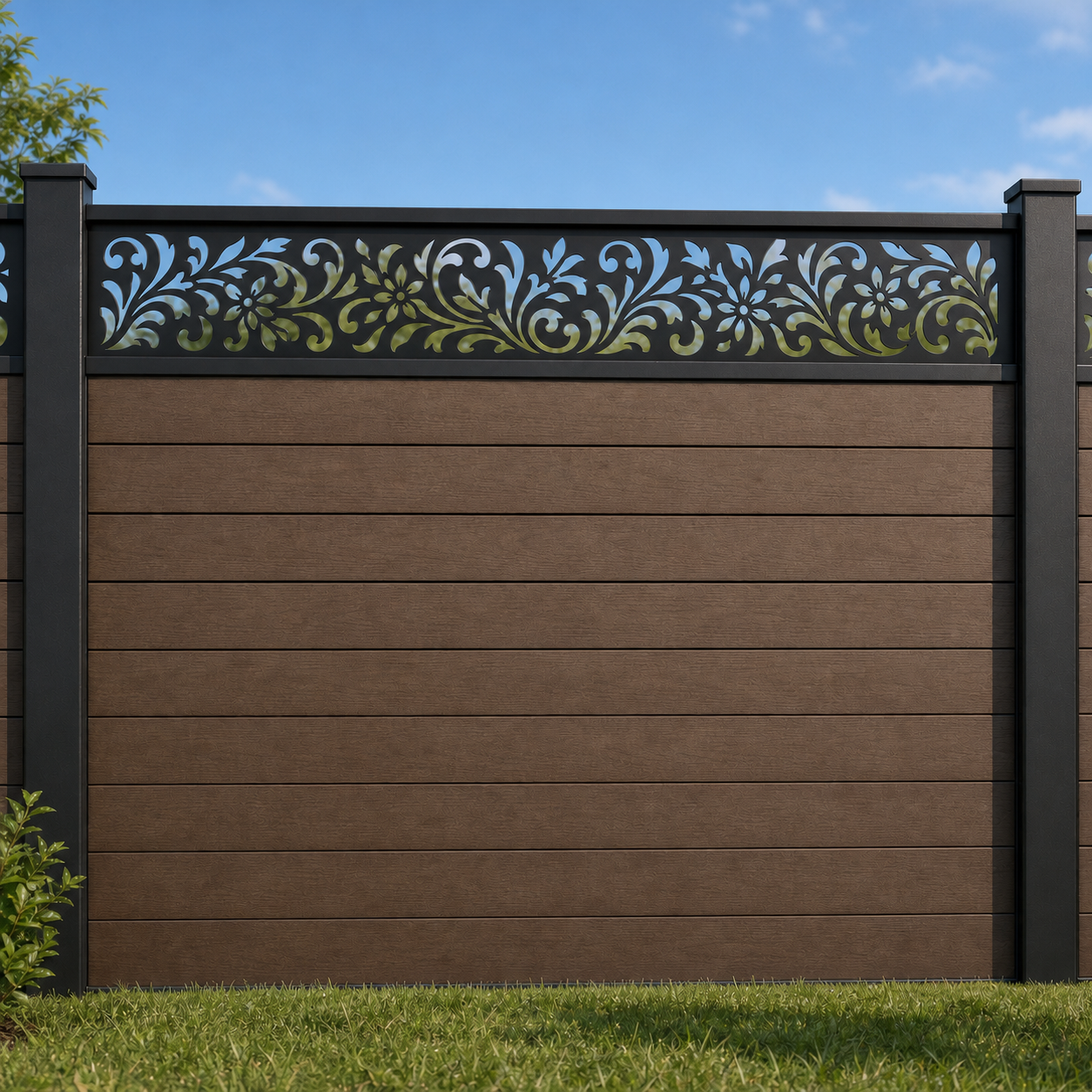 Acanthus Scroll Lace metal fence topper installed above WPC composite privacy fence, front view, Design 177