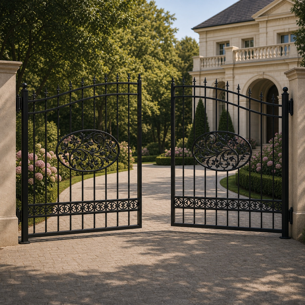 EONE Design 177 aluminium estate gate with leaf scroll medallions shown 30 degrees open for driveway entry view