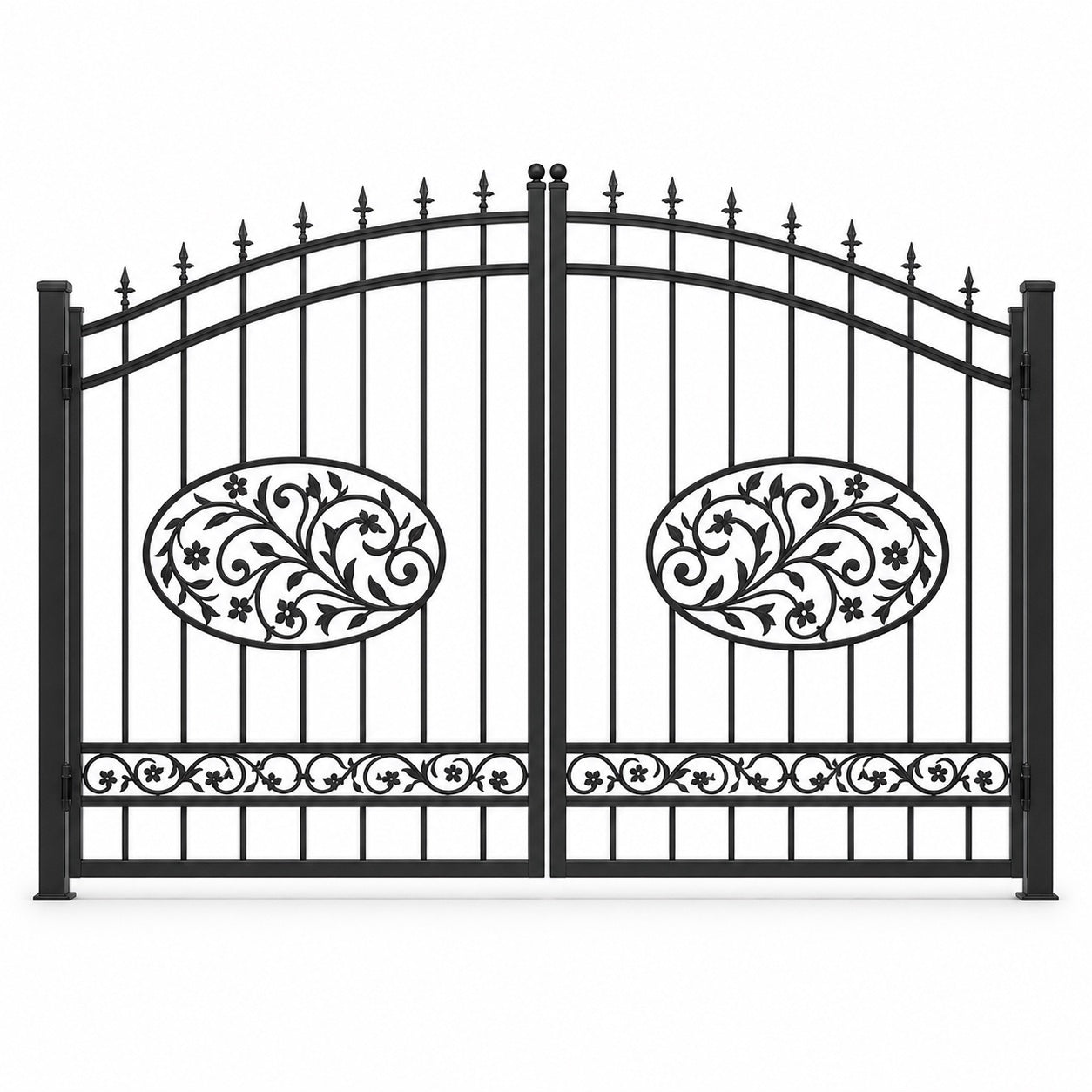 EONE Design 177 aluminium estate gate with leaf scroll medallions shown as a closed double swing estate driveway gate
