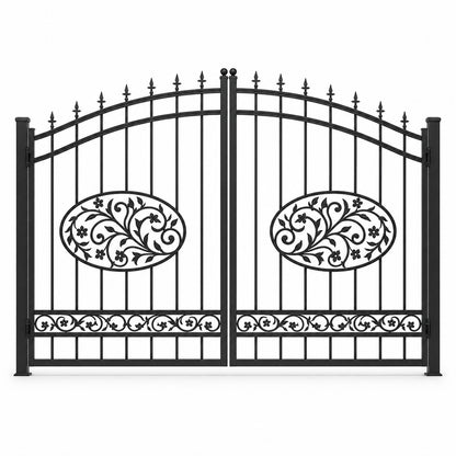 EONE Design 177 aluminium estate gate with leaf scroll medallions shown as a closed double swing estate driveway gate