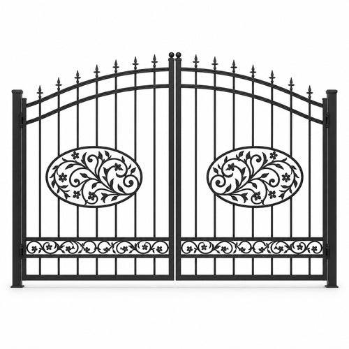 EONE Design 177 aluminium estate gate with leaf scroll medallions shown as a closed double swing estate driveway gate