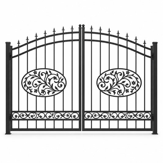 EONE Design 177 aluminium estate gate with leaf scroll medallions shown as a closed double swing estate driveway gate