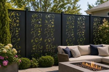 Design 177 Floral Corner Scroll Laser Cut Metal Privacy Screen Panel installed garden daylight view